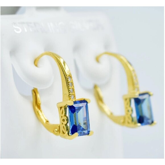 Genuine 2.60 Cts London Blue Topaz & W/Sapphire Earrings 14k Yellow Gold Plated